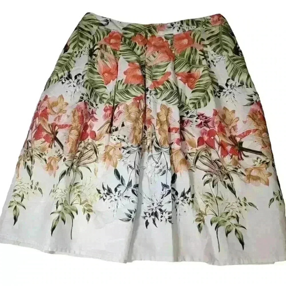 Talbots Linen Skirt Womens 6 Petite Floral Pleated Lined White Red Office Casual - Picture 1 of 15